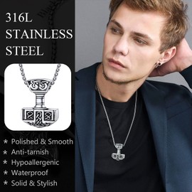 U7 Norse Viking Jewelry Stainless Steel Vintage Thor's Hammer Pendant Necklace for Men Women, Chain 22 Inch