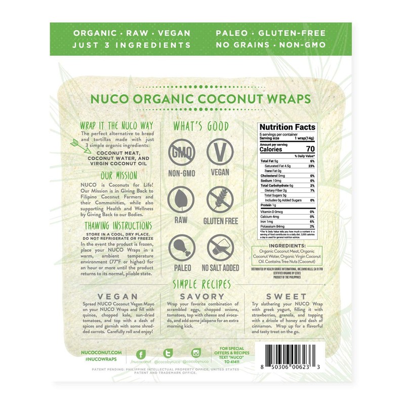 NUCO Certified ORGANIC Paleo Gluten Free Vegan Coconut Wraps, 5