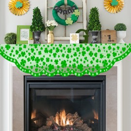 Green Shamrock Mantle Scarf for Fireplace - St Patricks Day Fireplace Cover Decorations Indoor - Lace Irish Mantel Scarves Garland Runner - Saint Patty's Day Home Living Room Centerpiece Decor
