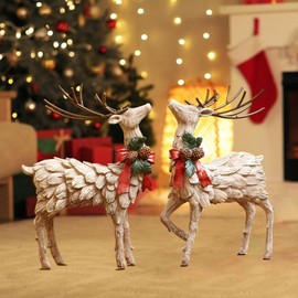 Topadorn Christmas Reindeer Figurine Statuette Tabletop Sculpture Couple Decoration, Resin Figurine Deer Gift Decor for Home & Bar & Office, Set of 2, 9''H