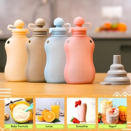 Reusable Pouches for Toddlers Silicone Refillable Baby Food Feeder with Funnel, Food Storage for Kids Squeezable Pouch, Washable & Freezer - Perfect for Fruit, Yogurt and Smoothies, 5oz, 2 Pack