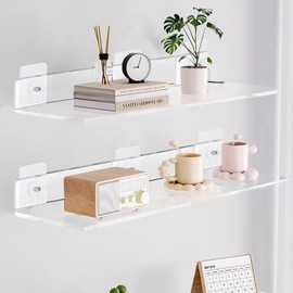 VEPEPE Pack of 2 Transparent Wall Shelves, No Drilling with Screws, Acrylic Bathroom Shelf, No Drilling, 30 cm, Small Wall Shelf, Bathroom for Gluing, Floating Shelf for Bedroom, Kitchen, Living Room,