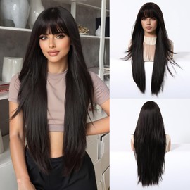 Geogroket Long Straight Wigs with Bangs Black Layered Hairstyle Synthetic Heat Resistant Straight Hair for Girls Daily Party Use 28 Inch (1B)