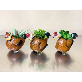 S/3 Chicken Planters Small Metal Rustic Indoor Outdoor Decor Farmhouse Barnyard Inspired 7" x 5" (Brown)