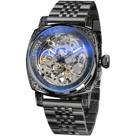 FORSINING Watches for Men, Square Retro Mechanical Watch Self-Wind Carved, Skeleton Automatic Watches Vintage Wristwatch Black