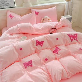 Dearller Twin Pink Comforter Set for Girls 5 Pieces Tufted Chenille Pink Butterfly Embroidery Comforter Pink Bedding Twin Girls Comforter