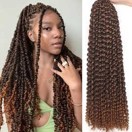 Samtress Water Wave Passion Twist Crochet Braids 24 Inch Ombre Brown Hot Water Setting Braiding Hair 7 Packs Pre looped Bohemian Curly Hair for Butterfly Locs Crochet Braids Hair Extensions (#T30)