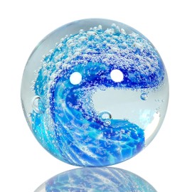 JUYOULE Hand Blown Ocean Wave Glass Ball - Sea Glass Paperweight for Beach & Coastal Home Decor, Unique Gift for Beach Lovers, Aquarium & Ocean Themed Decorations