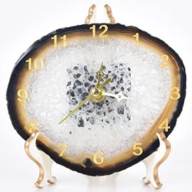 JIC Gem Natural Agate Slice Clock Natural Black/Gray with Base,Agate Clock,Decorative Clock