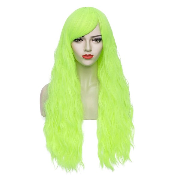 BERON Green Wig Wig Long Curly Wig Fluorescent Green Wig for Women Wavy Light Green Wig with Bangs Neon Green Wig Heat Resistant Synthetic Hair Cosplay Costume Wig (Green)