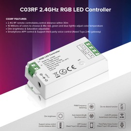 SEZO 2.4G RF RGB Controller Kit C03RF Controller and RC03RFB 4-Zone Wireless Remote Control Group Control Multiple Colour Modes for 5050 FCOB RGB LED Strip DC5-24V