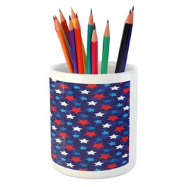 Ambesonne Navy Blue Pencil Pen Holder, American Flag Inspired Patriotic Design with the Stars Image, Printed Ceramic Pencil Pen Holder for Desk Office Accessory, Red White Blue and Dark Blue