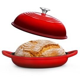 P&P CHEF Red Enameled Dutch Oven Pot with Lid, 10.2” Round Cast Iron Bread Oven for Baking Sourdough & Roasting Chicken, Dome Lid & Frying Pan For Oven Use, 5.5 Qt
