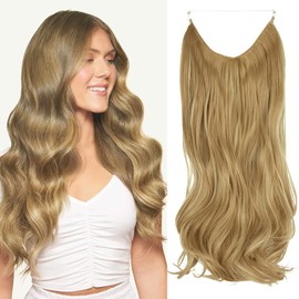 Invisible Hair Extensions Adjustable Invisible Wire Hair Piece Curly Wavy Long Synthetic Hairpieces for Women One Piece Natural Heat Temperature Fiber (20 Inch, Dirty Blonde)