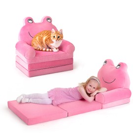 Kids Sofa Comfy, Adorable Animal Toddler Chair, Foldable Kids Couch with Removable Washable Cover, Soft & Breathable Fabric, No Assembly Needed, Foldable Baby Sofa(Pink Frog)