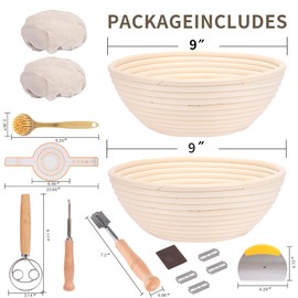 premium 9-inch banneton bread proofing basket set - two indonesian rattan weave with, dough mixer, sourdough starter kit & baking mat - perfect for home bakers & sourdough bread (Circle, ‎9 Inch)