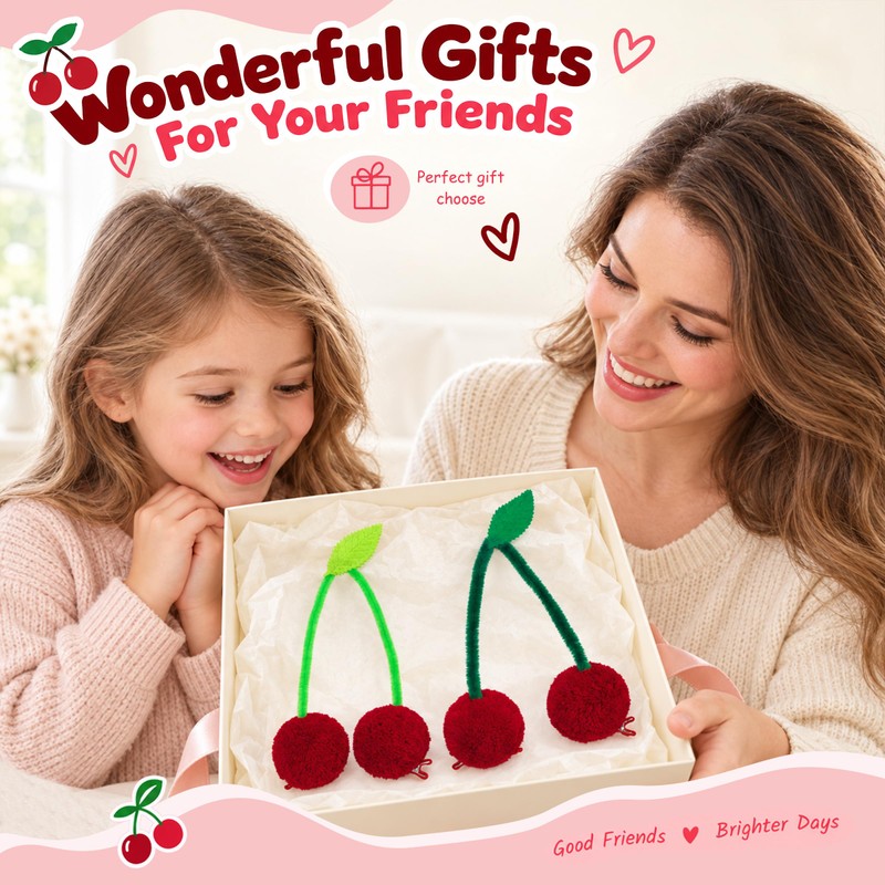 4PCS Cherry Hair Clips Pom Pom Cherry Bun Accessories
