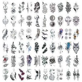 60 Sheets Black Tiny Tattoo Stickers, Waterproof Black Tiny Mixed Style Body Art Temporary Tattoos, 3D Tribal Animals Butterfly Anchor Compass for Men Women Neck Arm Hands