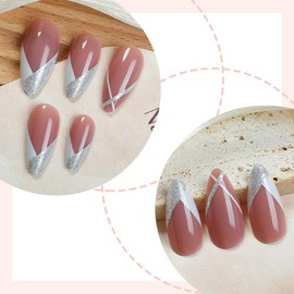 French Tip Press on Nails Silver Glitter Fake Nails Medium Almond False Nails Glossy Full Cover Acrylic Artificial Nail Reusable Glue on Nail Natural Manicure Art for Women Girls 24PCS