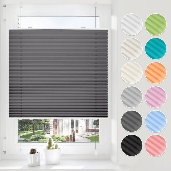 HOMEDEMO Pleated Blinds Klemmfix No Drilling 90 x 130 cm Anthracite Pleated Blind for Door and Window Opaque Privacy Screen Sun Protection blind