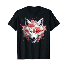 Kitsune Fox Mask Japanese Anime Kawaii Blossom Cherry Flower T-Shirt