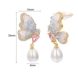 Vissen Butterfly/Cherry Blossom Silver 925 White Baroque Pearl Earrings Hanging Women's Cubic Zirconia Gold-Plated Fashion Jewellery, Sterling Silver