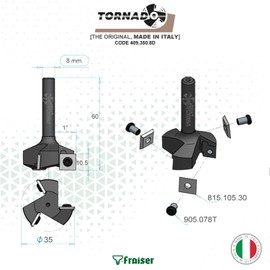 Tornado Fraiser Face Cutter 8 mm Shank for Wood Diameter 35 mm with 3 Interchangeable Carbide Blades Coated 10.5 x 10.5 mm Cutter for Router (D = 35 I = 10.5 S = 8)