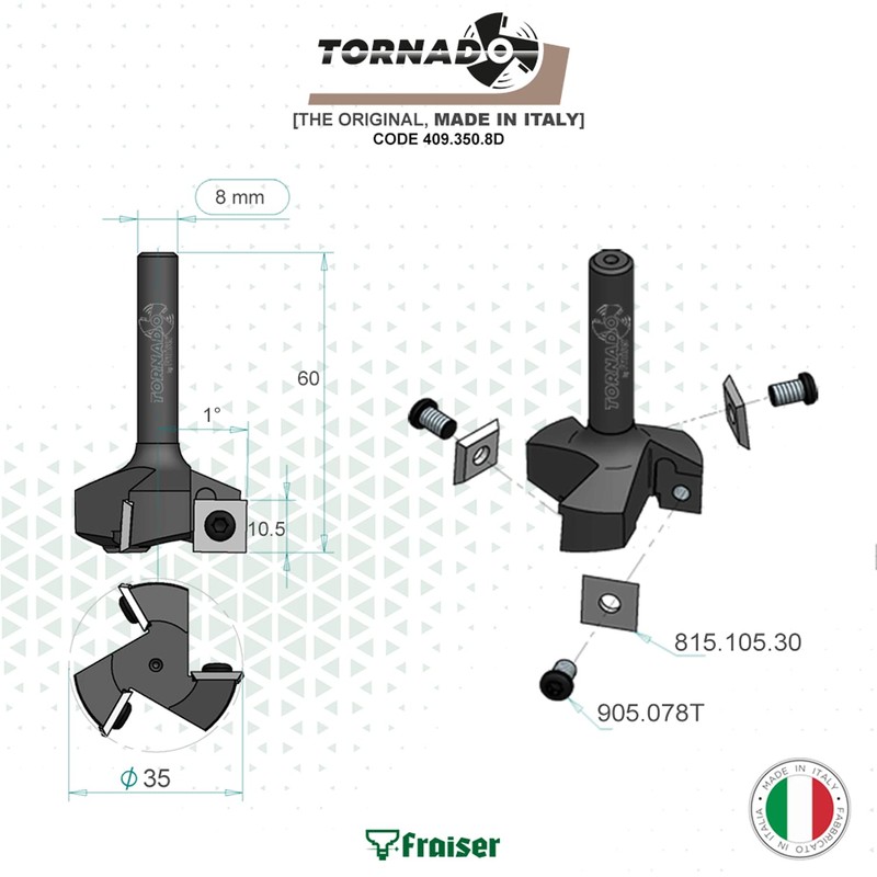 Tornado Fraiser Face Cutter 8 mm Shank for Wood Diameter