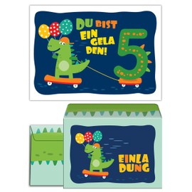 8 Invitation Cards for 5th Children's Birthday Boys Girls Dinosaur Invitations with 8 Envelopes, 8 Bags / Natural, 8 Stickers