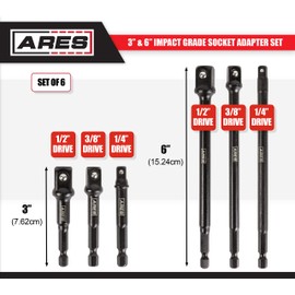 ARES 70382 - 6-Piece 3-Inch and 6-Inch Impact Grade Socket Adapter Set - Turns Impact Drill Driver into High Speed Socket Driver - 1/4-Inch, 3/8-Inch, and 1/2-Inch Drive Sizes