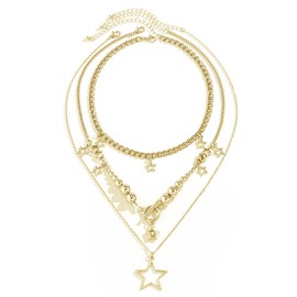 Y2K Star Necklace for WomenLayered Necklace Gothic Bead Choker Necklace Fashion Grunge Aesthetic Jewelry for Women-Gold