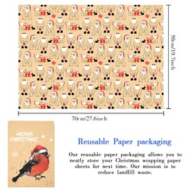 Christmas Wrapping Paper,5 Large Size Sheets in 1 Pcs ROBIN Christmas Paper Bag Recyclable Xmas Gift Wrap with funny Santa Claus for Adults, Children, Teenagers(50 X 70cm)