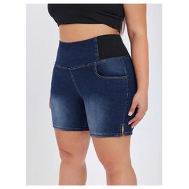 Verdusa Women's Plus Size Casual Jean Shorts High Waisted Stretchy Denim Bottoms with Pockets Dark Wash 4X-Large Plus