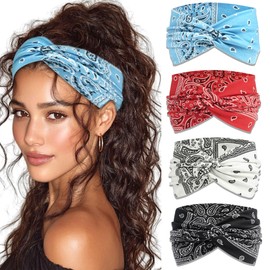 STGDAK Boho Bandana Headband For Women Wide Headbands Paisley Criss Cross Turban Head Wraps Non Slip Hair Scarf Head Bands Cute Hairband Fashion Hair Accessories For Girls Teens 4 Pack