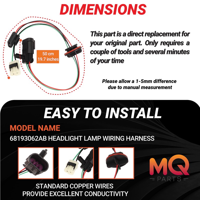 MQparts 2PCS 68193062AB Headlight Lamp Wiring Harness Compatible with Dodge