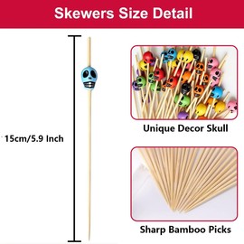 100 Count Colorful Skull Bamboo Cocktail Picks 5.9 Inch Decorative Fruit Skewers Natural Bamboo Toothpicks for Cocktails Sandwiches Appetizers Wedding Birthday Halloween Party Food Decor