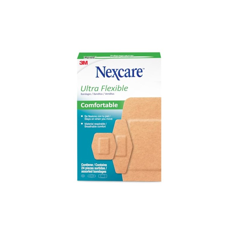 3M Nexcare, Venditas Ultraflexibles, Tamaños Surtidos, Color Beige, Caja con
