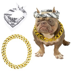 Wodison Dog Bandanas Headband and Gold Plated Dog Chain Collar Hip Hop Costume Accessories Set for Medium Large Dogs Chain Head Cover Apparel Party Cosplay