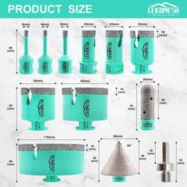 LEKOMESH Tile Hole Saw Kit - (6/6/8/20/25/35/50/75/100mm+20mm Finger Bit+50mm Chamfer Bit+SDS Adapter) Diamond Tile Drill Bits for Porcelain Ceramic Marble Brick Concrete,5/8"-11 Thread