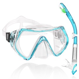 WACOOL Professional Snorkeling Snorkel Diving Scuba Package Set with Anti-Fog Coated Glass Purge Valve and Anti-Splash Silicon Mouth Piece for Men Women (Kids,Lake Blue)