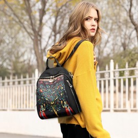 FORRICA Women Backpack Small Ladies Shoulder Bag Fashion Rucksack with Multiple Pockets Water-resistant Nylon Shoulder Daypack for Travel Work Shopping Leaves