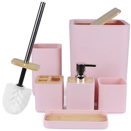 CERBIOR Bathroom Accessories Set 6 Piece Bamboo Bath Ensemble Includes Soap Dispenser, Toothbrush Holder, Toothbrush Cup, Soap Dish for Decorative Countertop and Housewarming Gift (Pink)