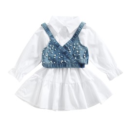 LXXIASHI 2PCS Baby Girl Strap Pearl Denim Crop Tops Beading Back Bandage Vest + Lapel Button Shirt Dress Set (White Blue, 5-6 Years)