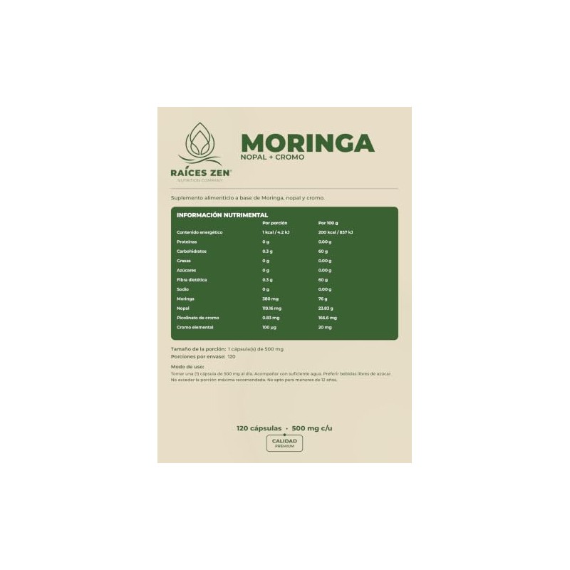 Moringa Nopal y Cromo Raíces Zen 120 Cápsulas (120 Cápsulas)