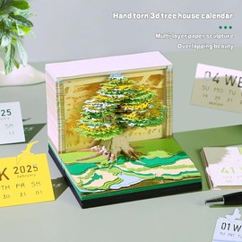 PXNKAUQ 3D Calendar 2025,Time Piece Calendar 2025,3D Calendar,Laser Engraved Hand Tear Calendar,Tree House 3D Calendar with Lights Design,for Note Taking,Decorative Ornaments