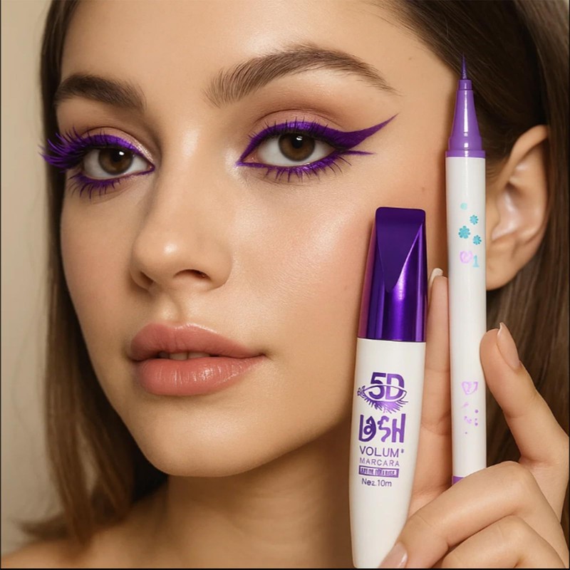 5D Purple Mascara & Eyeliner Set, Waterproof Mascara for Women