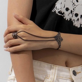 Ximdble Vintage Tribal Finger Ring Bracelet Black Slave Bracelet Hand Chain Boho Tribal Wrist Chain Bracelet Goth Black Tribal Finger Ring Hand Chain Bracelet Jewelry for Women