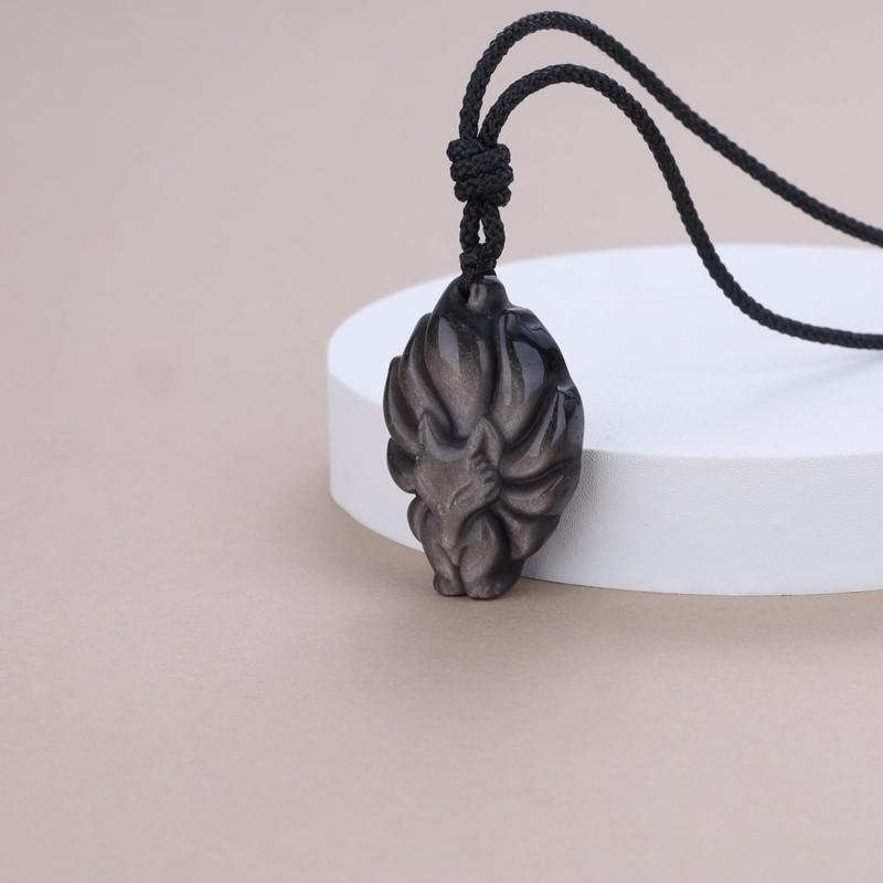 COAI Unisex Necklace with Nine-Tailed Fox Pendant, Nylon Silver Obsidian