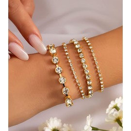 Gold Chain Link Bracelet Set for Women 14K Gold Plated Snake Pearl CZ Lock Portrait Dainty Classic Adjustable Layered Paperclip Bracelets for women Jewelry (CZ)