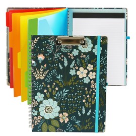 Clipboard Folio Spiral Folder Board,5 Extra Folders with 10 Storage Pockets,Refillable Lined Fillable Notepad,Folded Clipboard with Storage,Suitable for Office,School and Student (Green Flowers)